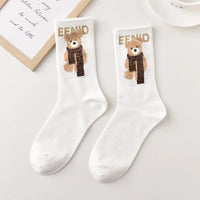 Spring Autumn Winter Cartoon Women'S Socks Cotton Mid-Tube Cute Bear Print Trend Short Socks Comfortable Breathable Sports Socks