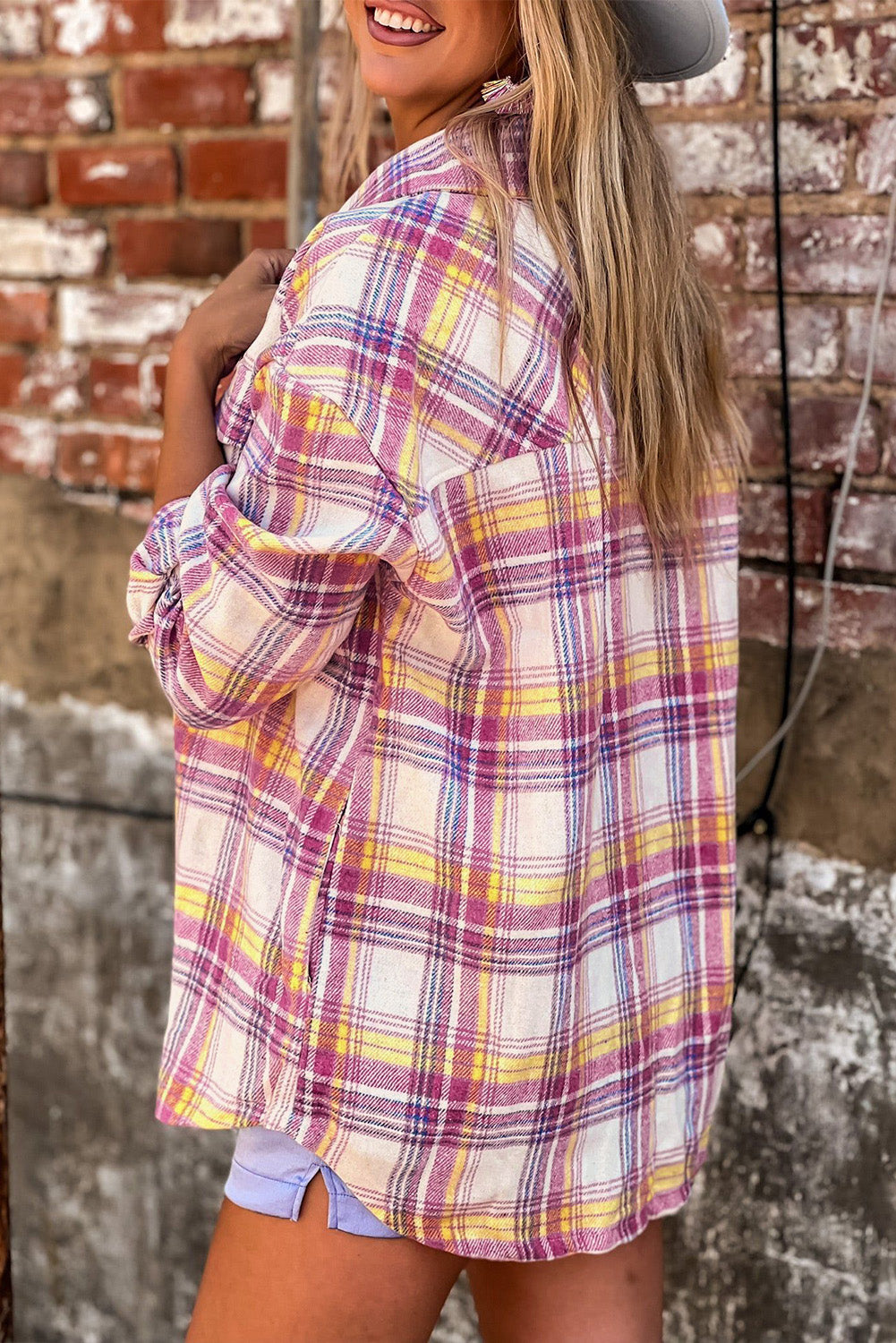 Red Plaid Print Rounded Hem Shirt Jacket