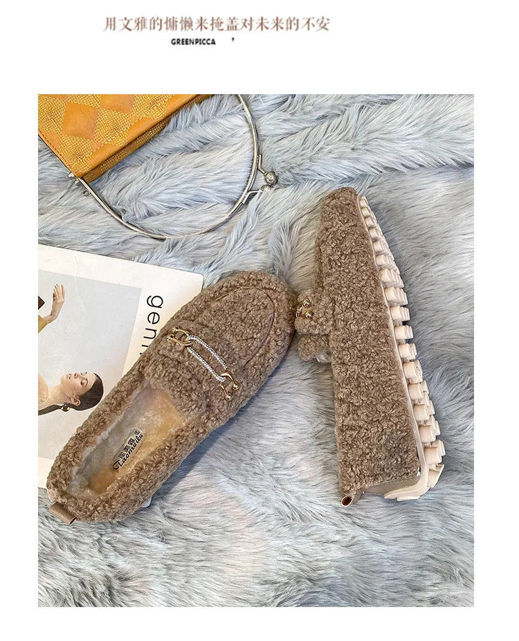 Luxury Sheep Fur Lined Loafers Women Lambswool Shoes Ladies Winter Slip On Furry Flats Cotton Wool Mocasine Femme Barefoot Boots