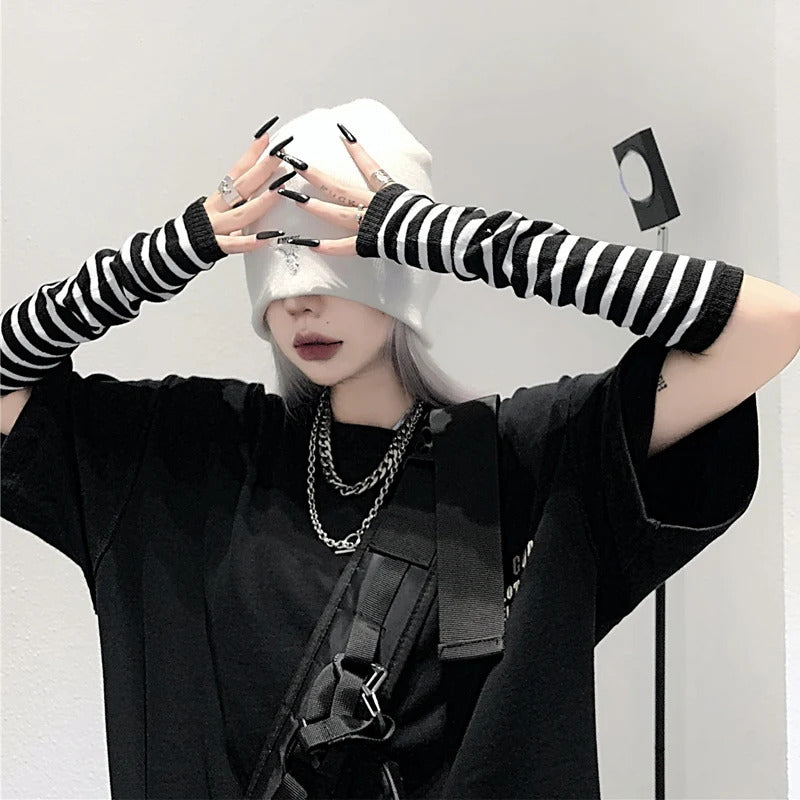 Punk Long Sleeves Fingerless Gloves Cuff for Women Men Stripe Hip-Hop Knitted Elbow Mittens Elastic Winter Arm Warmer Outdoor