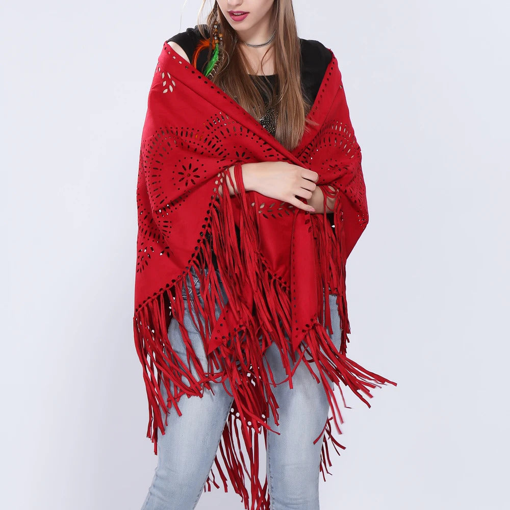 Women's Loose Suede Fringe Open Poncho Cloak Shawl Wrap with Punch Hole Patterns and Graceful Fringes Dropshipping