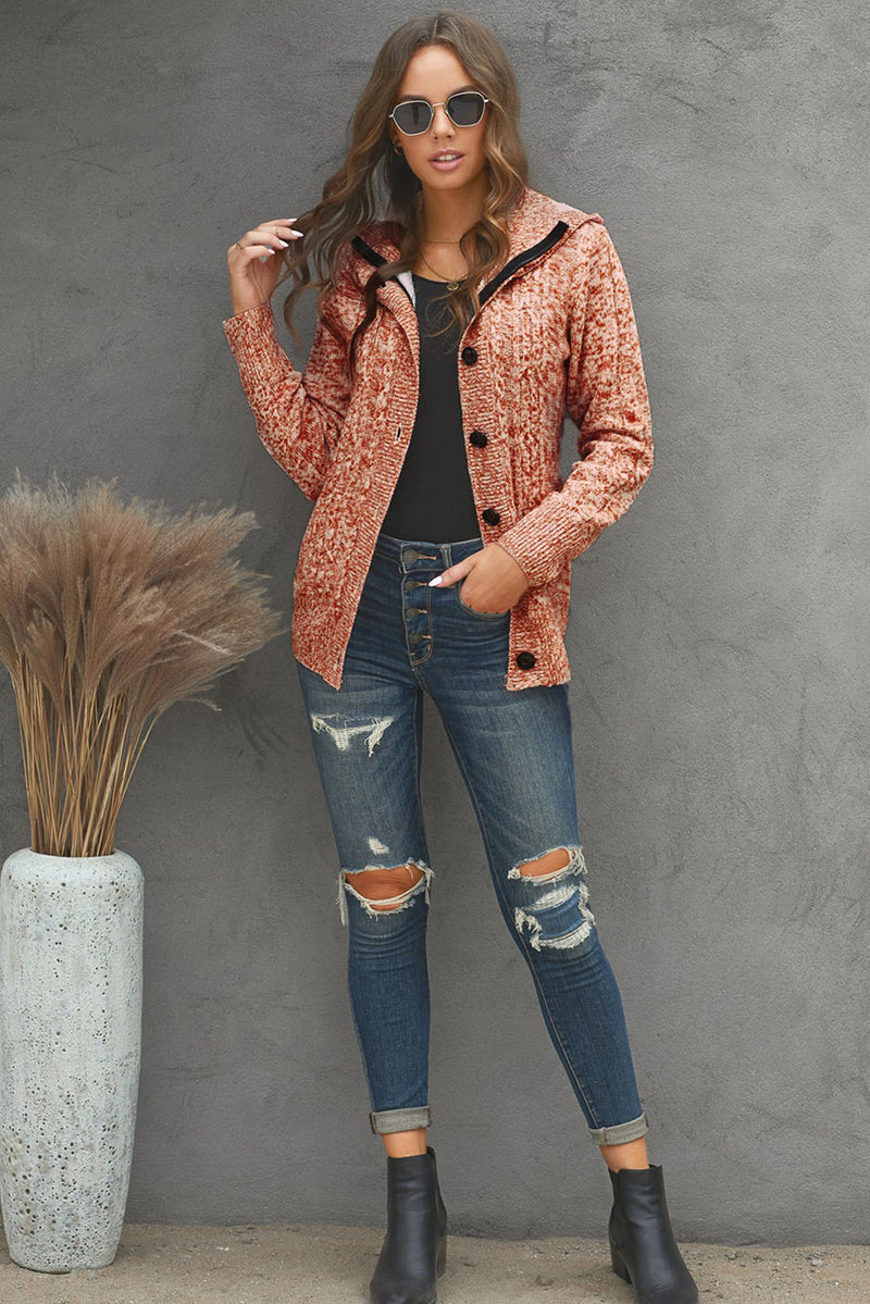 Orange Long Sleeve Button-up Hooded Cardigans