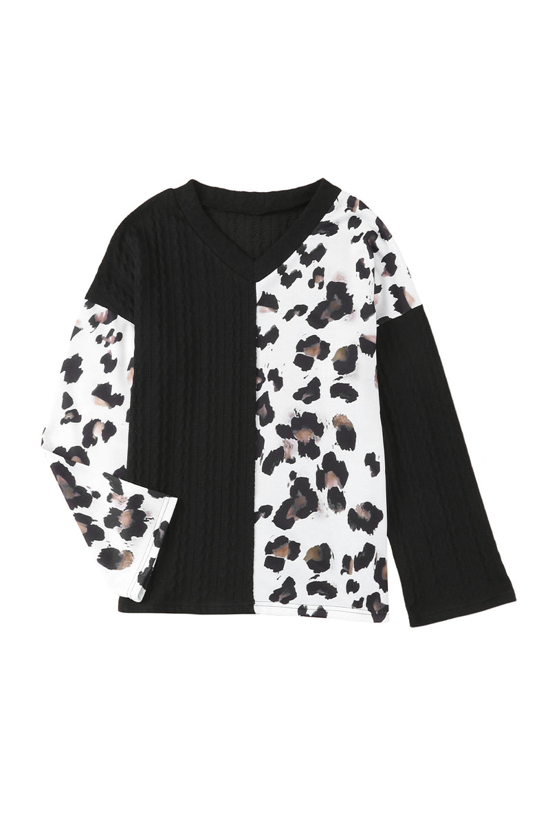 Black Asymmetric Leopard Patchwork Wide Sleeve V Neck Sweater