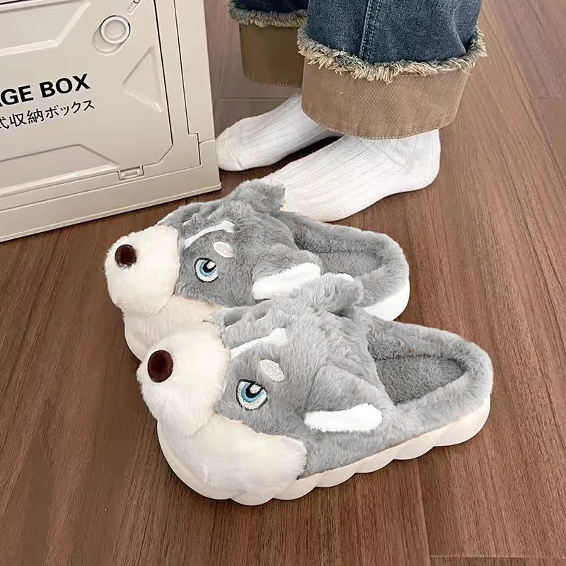 Women Indoor Cotton Slippers Cute Cartoon Dog Winter Warm Shoes Couples Home Floor Slides Anti-slip  Female Male House Footwear