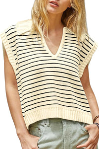 Beige Stripe Turn-down V Neck Sweater Tank Top