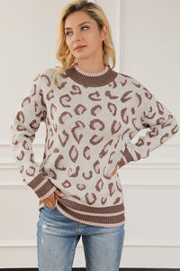 Brown Two-tone Ribbed Trim Contrast Leopard Sweater