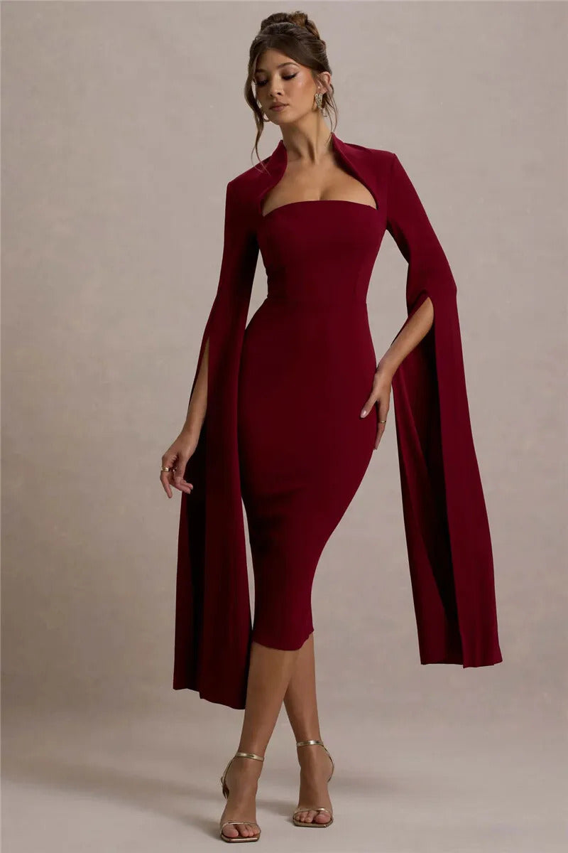 Mozision Cape Long Sleeve Sexy Midi Dress For Women Autumn Winter New Square Collar Back Slit Bodycon Club Party Long Dress