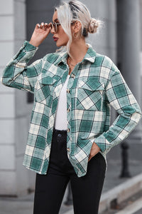 Green Plaid Pattern Flap Pockets Shirt