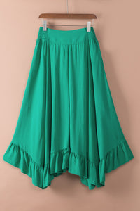 Green Asymmetric Flounce Belted High Waist Maxi Skirts