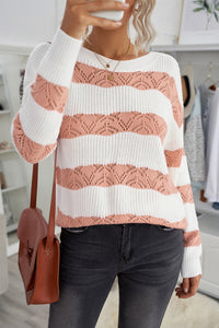 White Striped Colorblock Knit Sweater