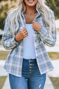 Sky Blue Plaid Print Pocket Drawstring Hooded Jacket