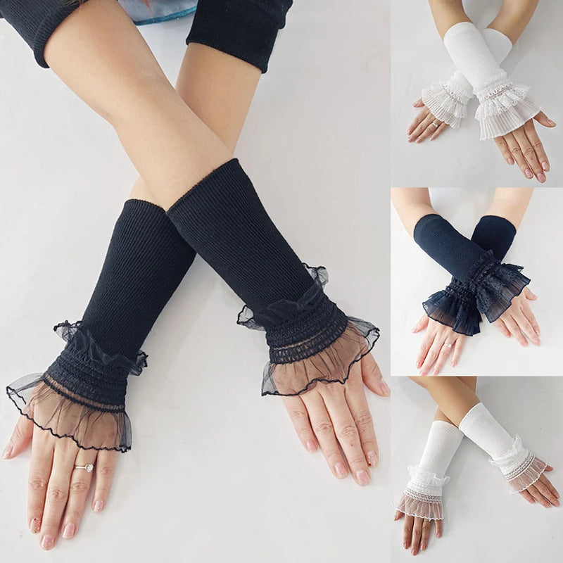 Women Lace Ruffles Cuff Elbow Sleeve Spring Autumn Detachable Fake Sleeve Arm Covers Solid Color Arm Cover Sweater Decorative