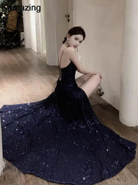 Elegant V-neck Sequin Graduation Dresses Women's Sexy Backless Split Bandage Runway Robe Summer Luxury Formal Occasion Clothes