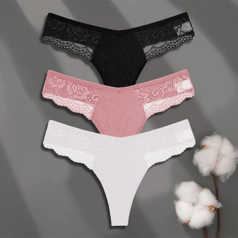 FINETOO 3Pcs Women's Cotton Underwear Lace Thongs Sexy Solid Color Low Waist Bikini Panties Ladies Breathable G-string Lingerie