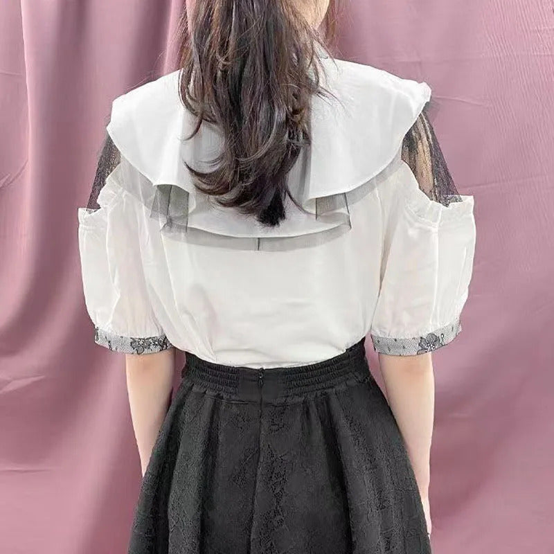 Gothic Lolita Blouses Women Sweet Bow Off Shoulder JK Shirt Japanese Girls Elegant Love Heart Lace Ruffles Blusas Mujer Tops