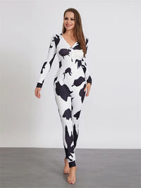 Women Buttoned Flap Jumpsuits Sleepwear Cow Printed Long Sleeve V Neck Bodycon Romper Spring Fall Loungewear