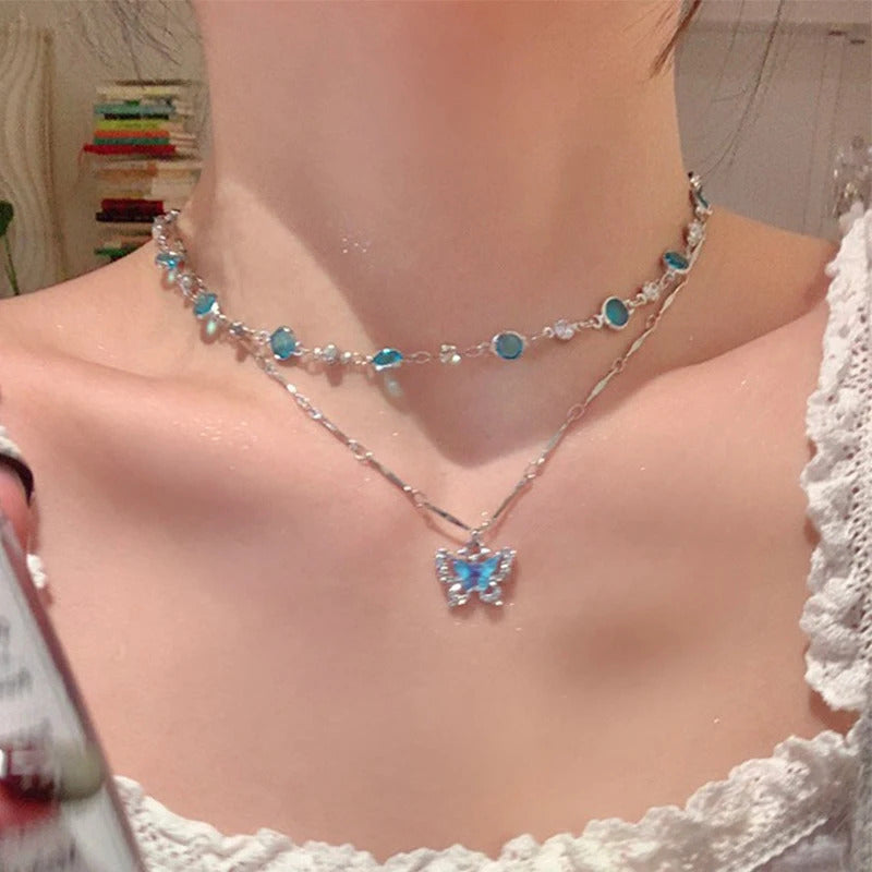 LATS Romantic Blue Crystal Butterfly Necklace for Women Girls Simple Shiny Zircon Bilayer Choker Clavicle Chain New Fine Jewelry