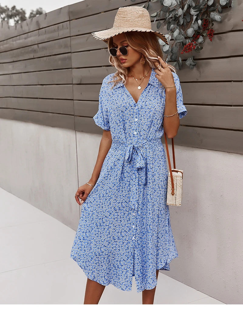 Summer Women Floral Print Dress Casual Short Sleeve Button Holiday Midi Dresses Female V-Neck Beach Boho Chic Dress Elegant Robe