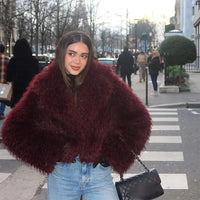 Luxury Brown Women's Fluffy Faux Fur Warm Short Coat Chic Lapel Collar Long Sleeve Furry Jacket Winter 2024 Lady High Streetwear