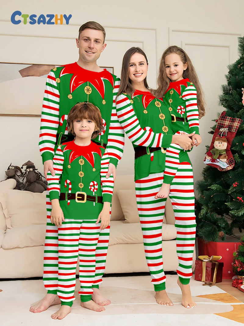 Christmas Family dress Christmas elements clothing for boys girls Adult baby set Halloween fun printed green stripe family dress