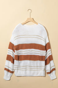 White Striped Knit Puff Sleeve Casual Sweater