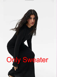 Spring Autumn O-Neck Elastic Knit Long Dresses Women 2024 Elegant Chic Soft Lady Hollowing Sweater Dresses Femme New