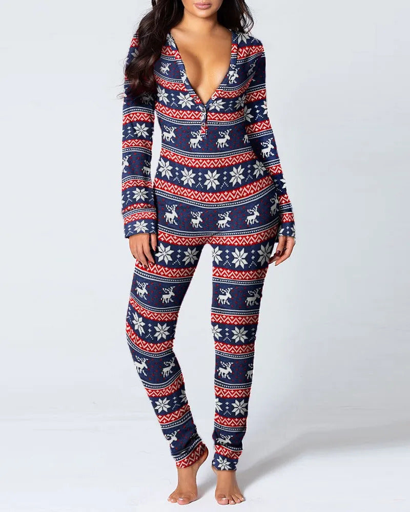 Sexy Pyjama Women's Jumpsuit Suit Button-down Front Back Butt Bum open Ass Flap Jumpsuit Loungewear Christmas Print Buttoned