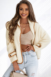 Beige Sherpa Contrasting Trim Button Jacket with Pockets