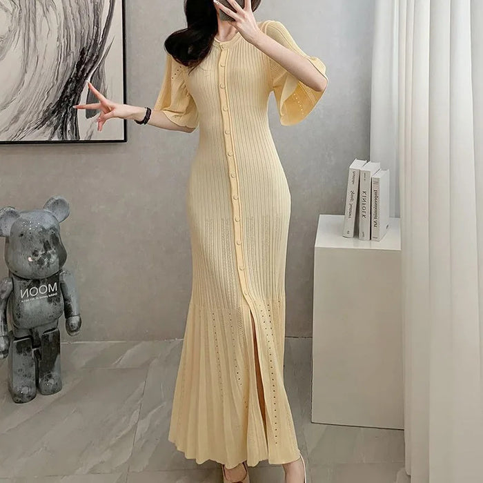 Fashion Knitted Long Dress Women French Style Flare Sleeve Letter Buttons Elegant Sweater Dress Lady Party Dress