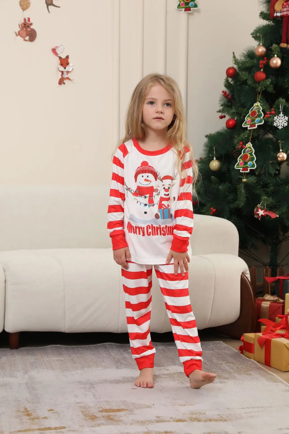 New Christmas family home dress Christmas Deer Snowman family suit red and white stripes patchwork printed pyjamas two-piece set