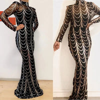 Missord Wave Sequin Party Dresses Elegant Women High Neck Long Sleeves See Though Bodycon Evening Prom Dress With Line Long Gown