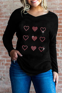 Black Valentines Day Rhinestone Heart Graphic Long Sleeve Tee