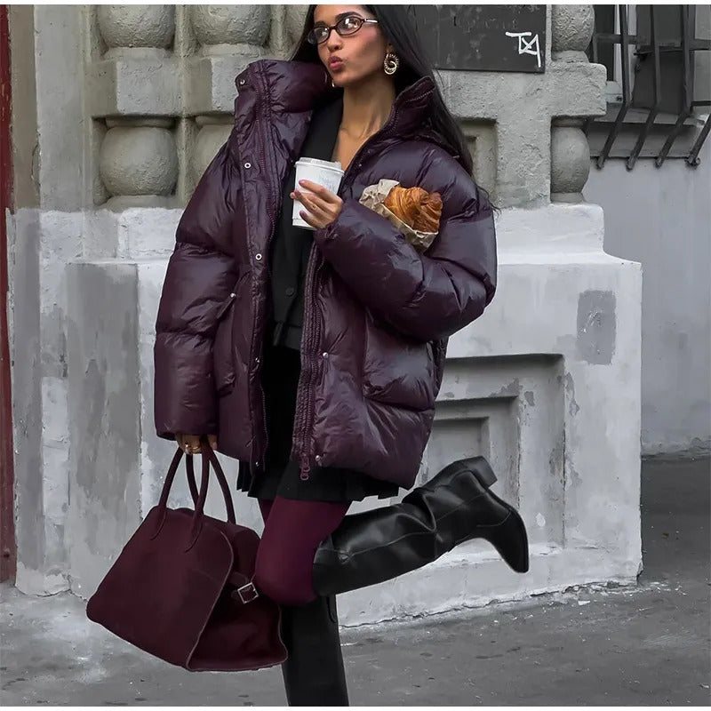 2024 Women Fashion Solid Drawstring Quilted Cotton Coat Winter Thicken Warm Pockets Zipper Hooded Jackets Chic Ladies Streetwear