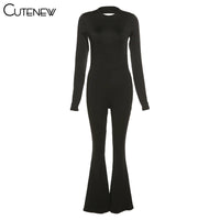 Cutenew Solid Black Sexy Backless Bodycon Wide Leg Jumpsuit Women Autumn Casual Slim Long Sleeve O-Neck Playsuit Lady Streetwear