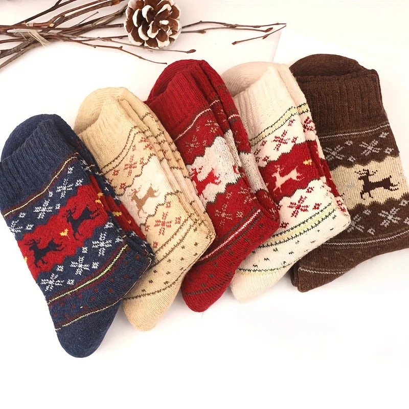 5 Pairs Elk Print Thickened Socks, Comfy & Warm Christmas Mid Tube Socks, Women's Stockings & Hosiery