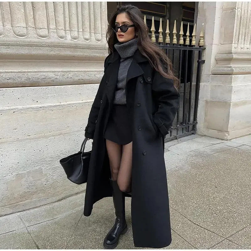 Elegant With Belt Black Long Coat For Women Oversize Woolen Double Button Lapel Overcoat Autumn New Lady High Street Outerwear