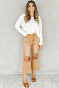 Brown Distressed Hollow-out High Waist Cropped Flare Jeans