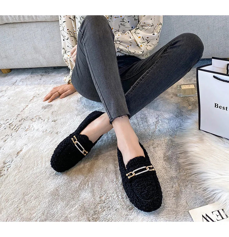 Luxury Sheep Fur Lined Loafers Women Lambswool Shoes Ladies Winter Slip On Furry Flats Cotton Wool Mocasine Femme Barefoot Boots