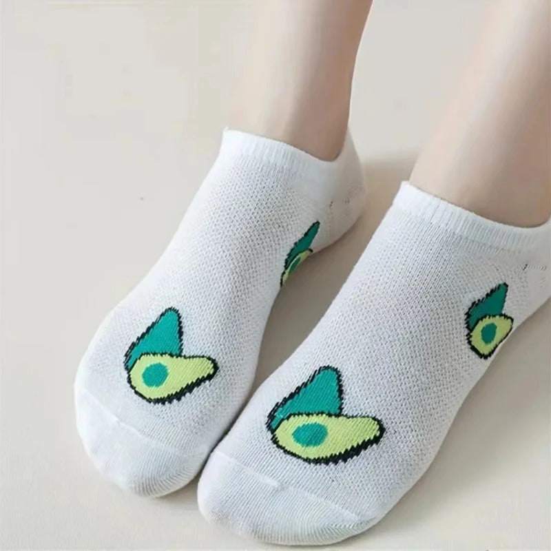 5 Pairs Avocado Crew Ankle Socks Cartoon Fresh Fashion Breathable Summer And Autumn Kawaii Comforts Women's Low Cut Boat Socks