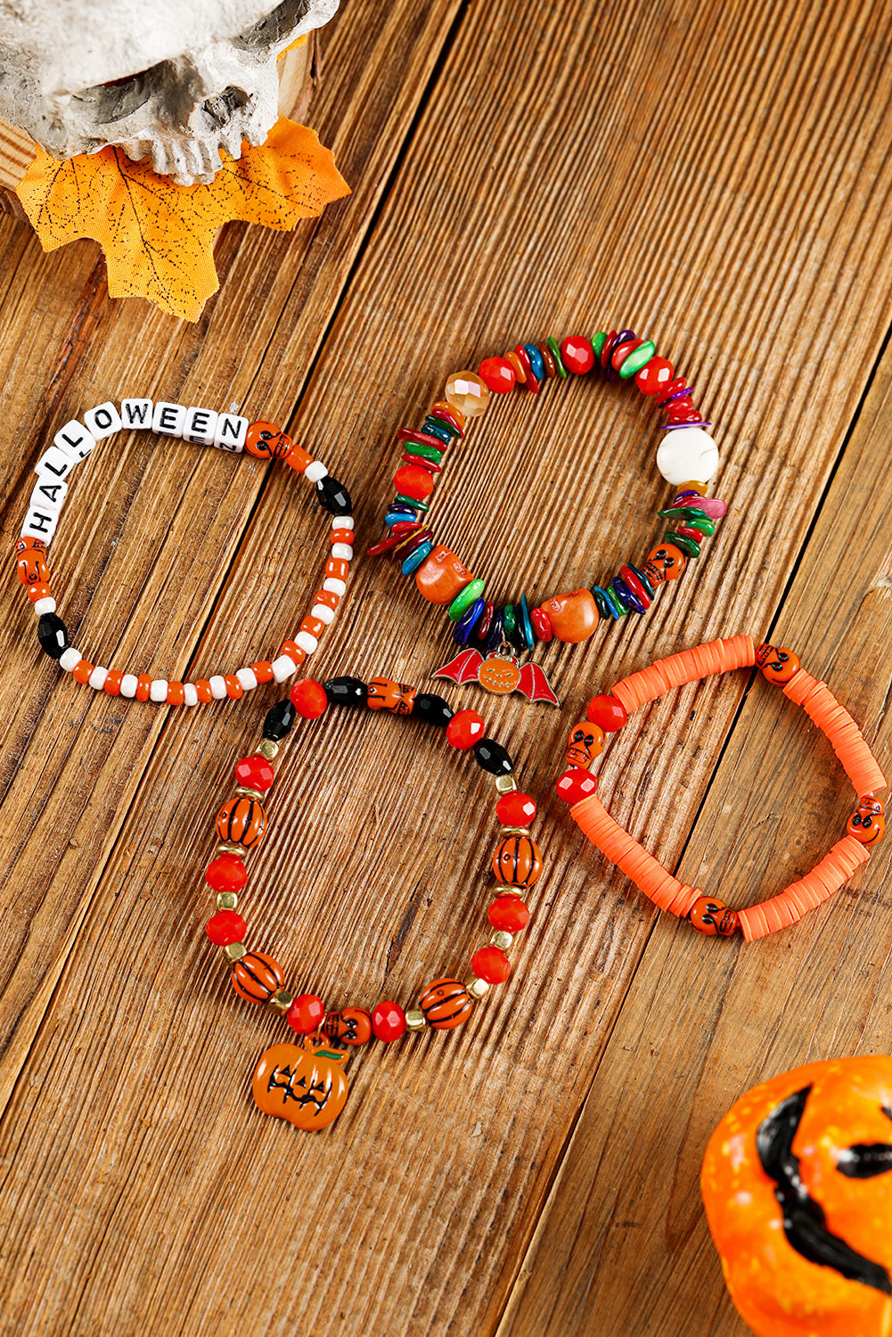 Orange 4pcs Halloween Pumpkin Bat Spider Bracelet Set