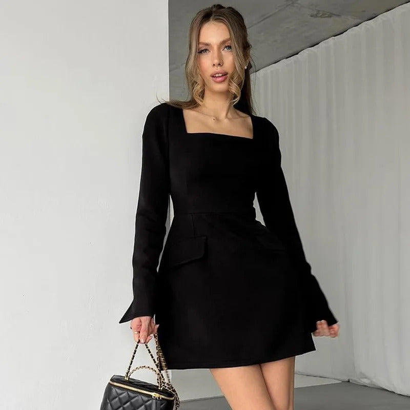 Tossy Bandage Fashion Square Collar MIni Dress For Women Slim High Waist Patchwork Elegant Bodycon Dress Female Autumn Dress New