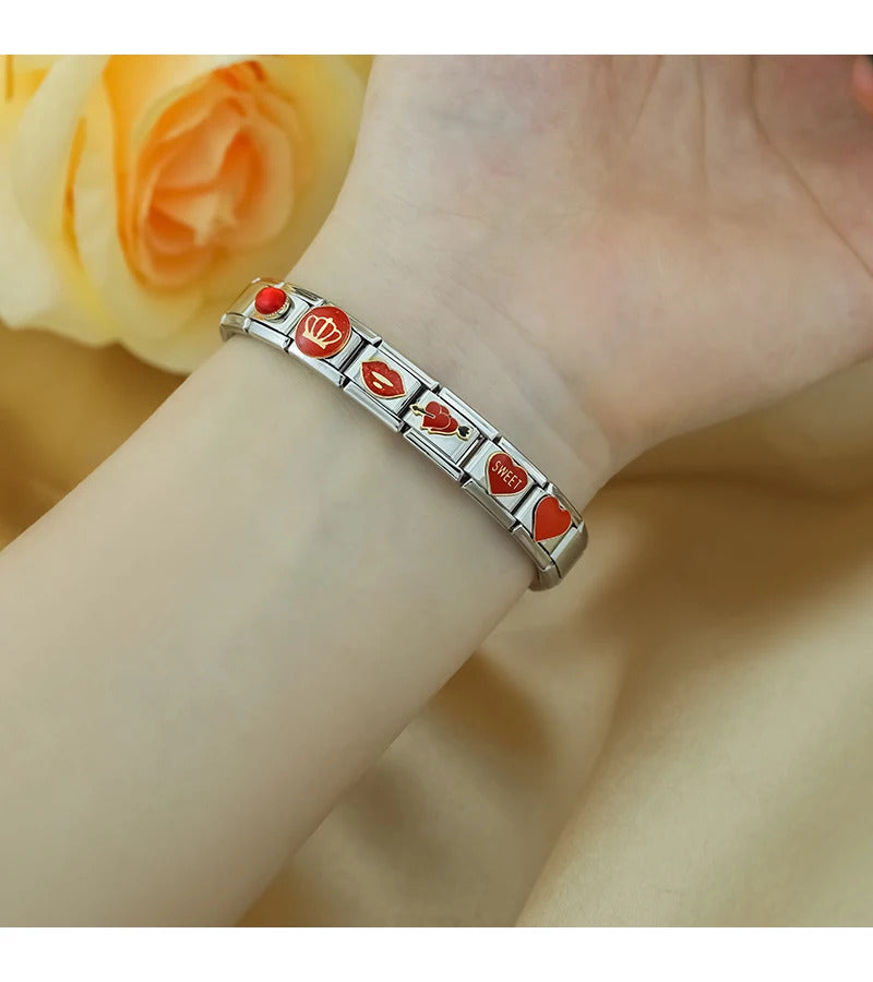 Hapiship 2024 Women Red Glaze Flower Heart Kiss Me Charms Italian Links Fit 9mm Stainless Steel Bracelet Making Jewelry ZH003