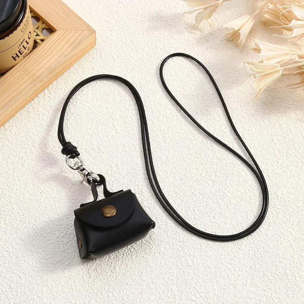 LATS Retro Cute Small Leather Bag Long Necklace for Women Fashion Sweater Chain Neck Hanging Jewelry Versatile Accessory Gift