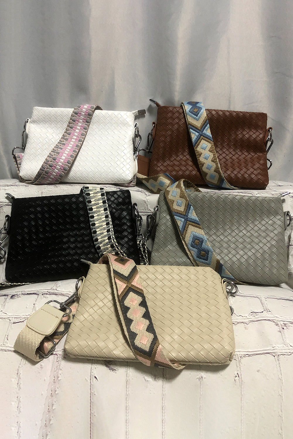 Beige Argyle Pattern Strap Woven Textured Shoulder Bag