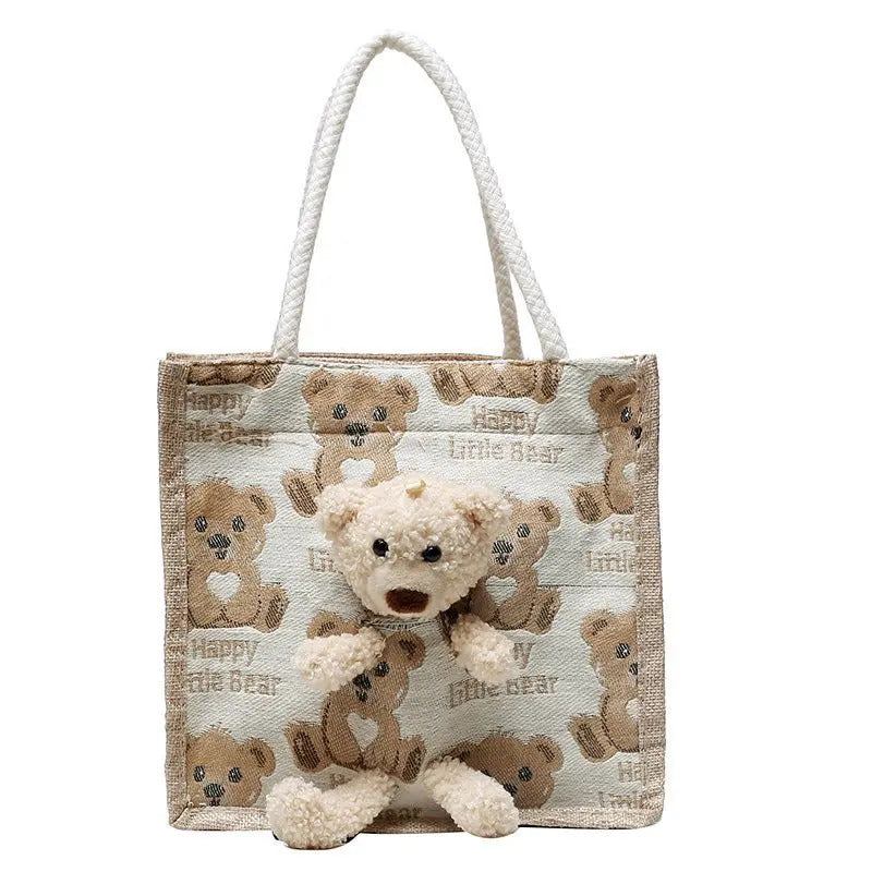 Cute Bear Tote Bag Canvas Girls Bag Student Coin Purse Gift Bag Simple Fashion Canvas Bag Canvas Bag Hand Shopping Tote Bag-ll