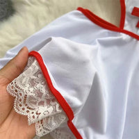 Dropped Waist Women's Sexy Sweet Nurse Cosplay Uniform Lingerie Set Revealing Neckline Lace Trimmed Nightgown Costume Dresses