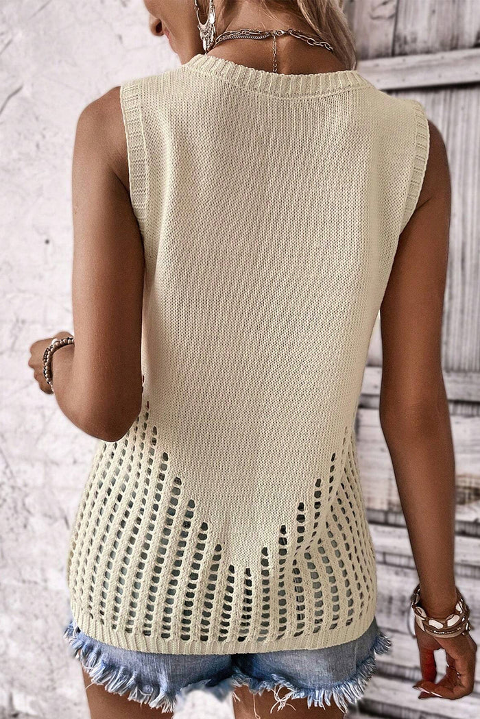 Beige Pointelle Detail Solid Color Knit Sweater Vest