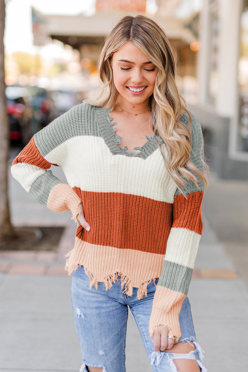 Gray Colorblock Distressed Sweater