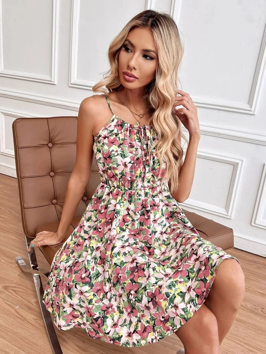 Sexy Floral Print Short Dress Women Summer Fashion Black Backless Beach Sundress Casual Sleeveless Lace-up New In Dresses 2024