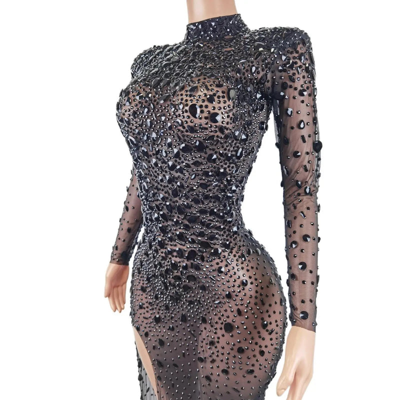 Luxury Sexy See Through Cocktail Gowns Sparkly Black Crystals Diamond African Women Long Prom Dresses for Birthday Party Cuican